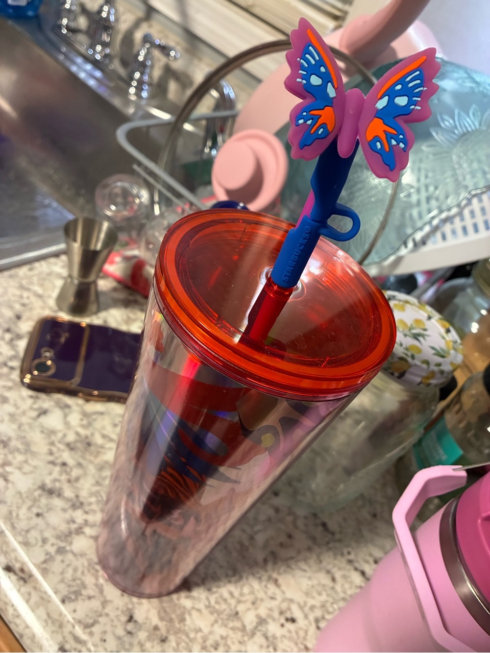 Starbucks Red Butterfly Tumbler with Straw - Pink & Blue Accent brand new!